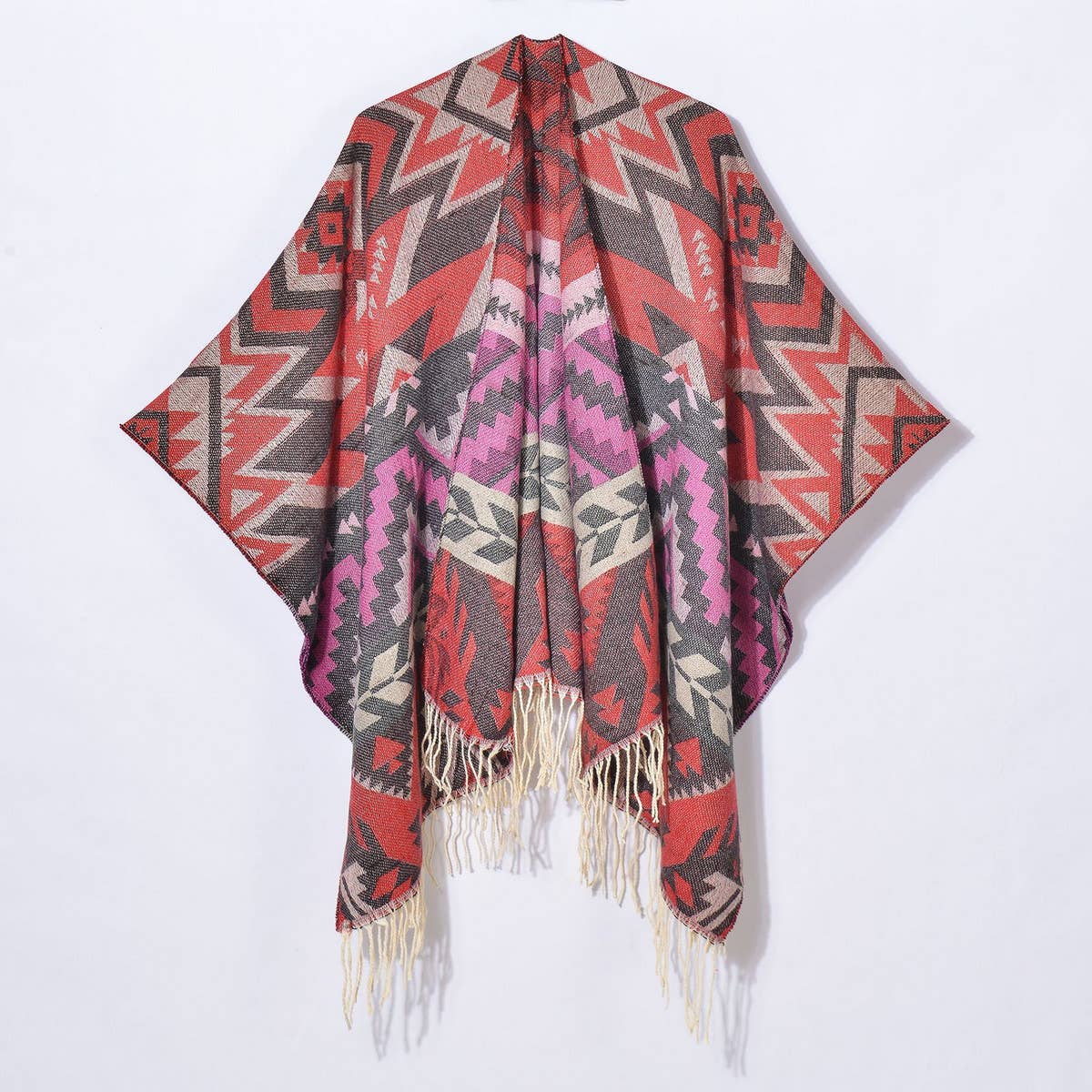 GEOMETRIC WAVE TASSEL SLIT SHAWL_CWASC0990