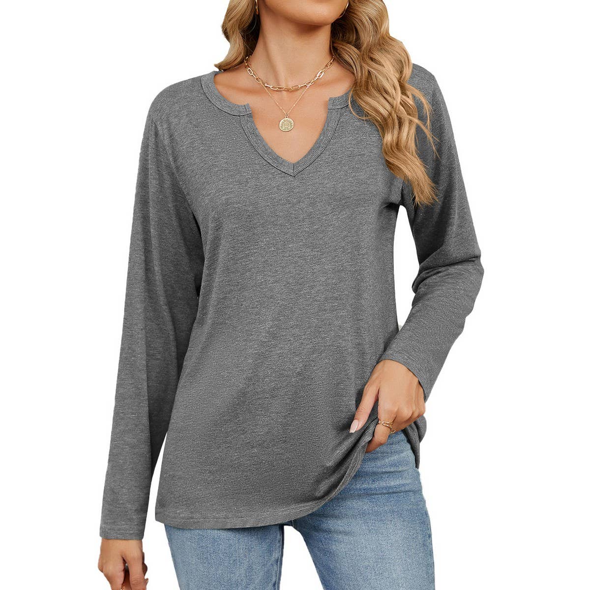 V-Neck Color Cotton Long Sleeve Loose T-Shirt
