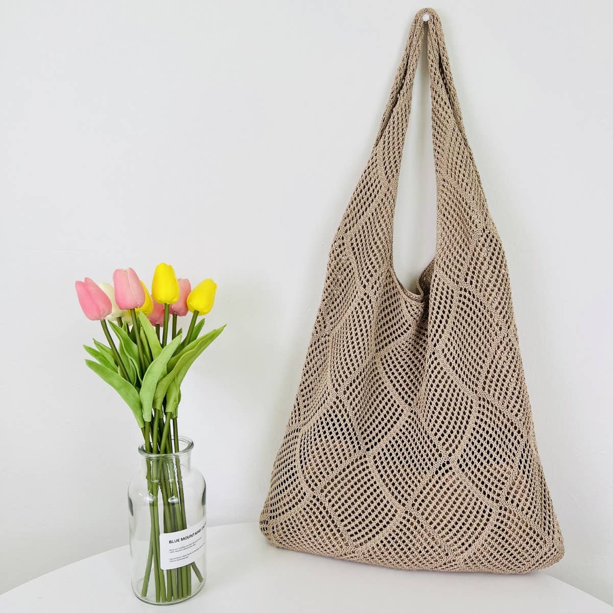 Cwab4575_Solid Knit Hollow Woven Shoulder Tote Bag