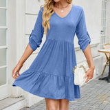 Solid Color Dress With V-Neck Pleats And Ruffles