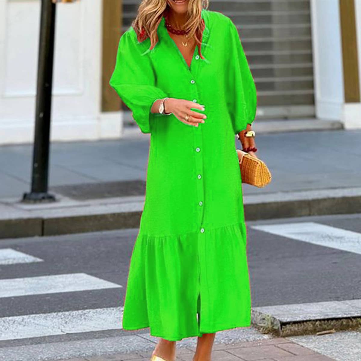 Stand Collar Single-Breasted Dress