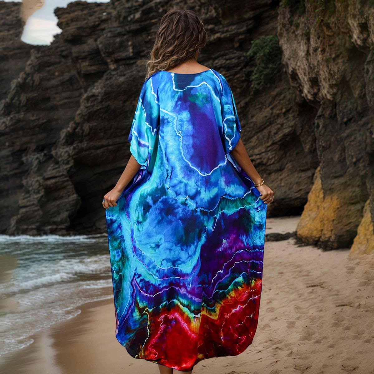 RAYON TIE DYE BEACH KIMONO COVER UP ROBE_CWMM6154