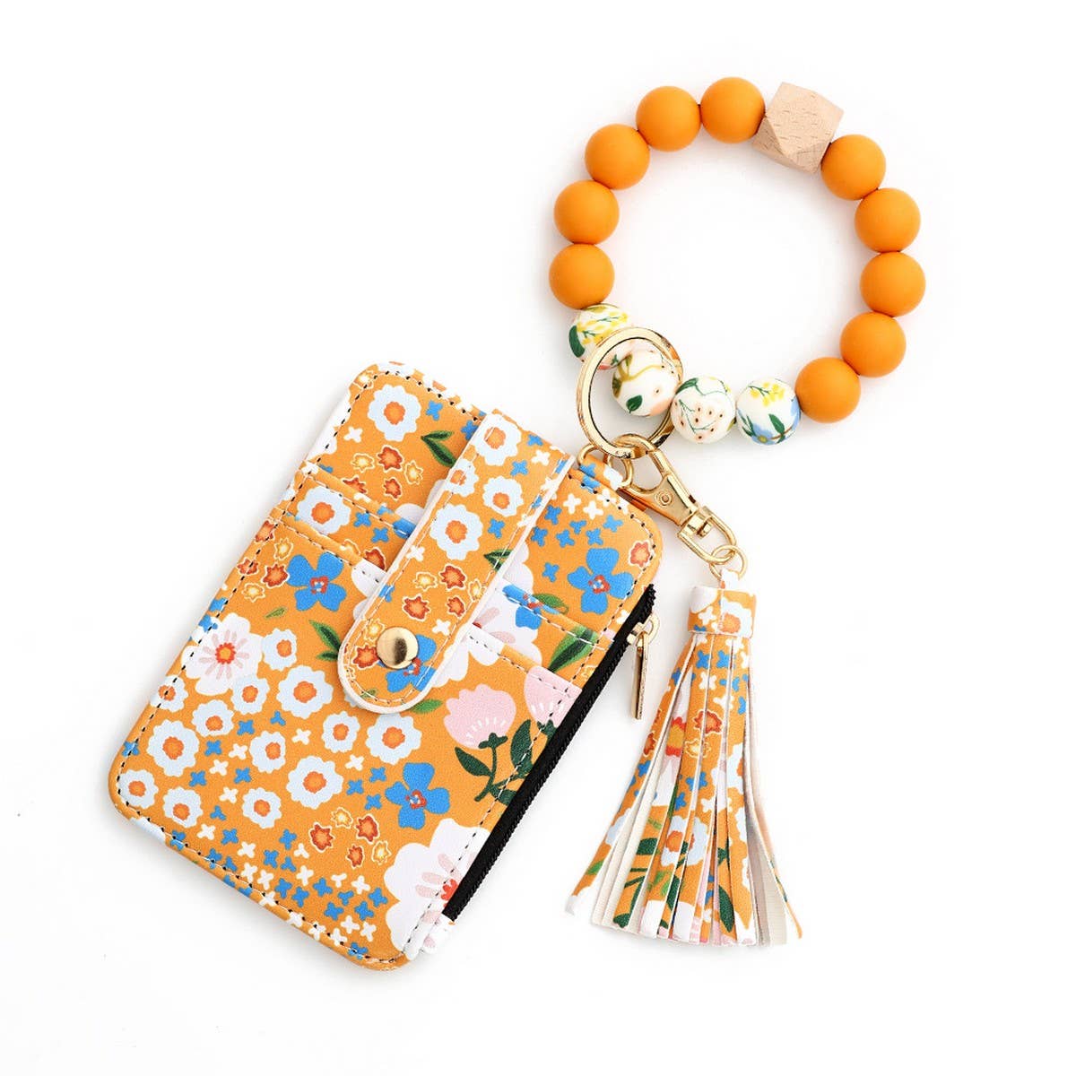 FLORAL PU WALLET WITH BEAD BRACELET CARD HOLDER_CWAB4955