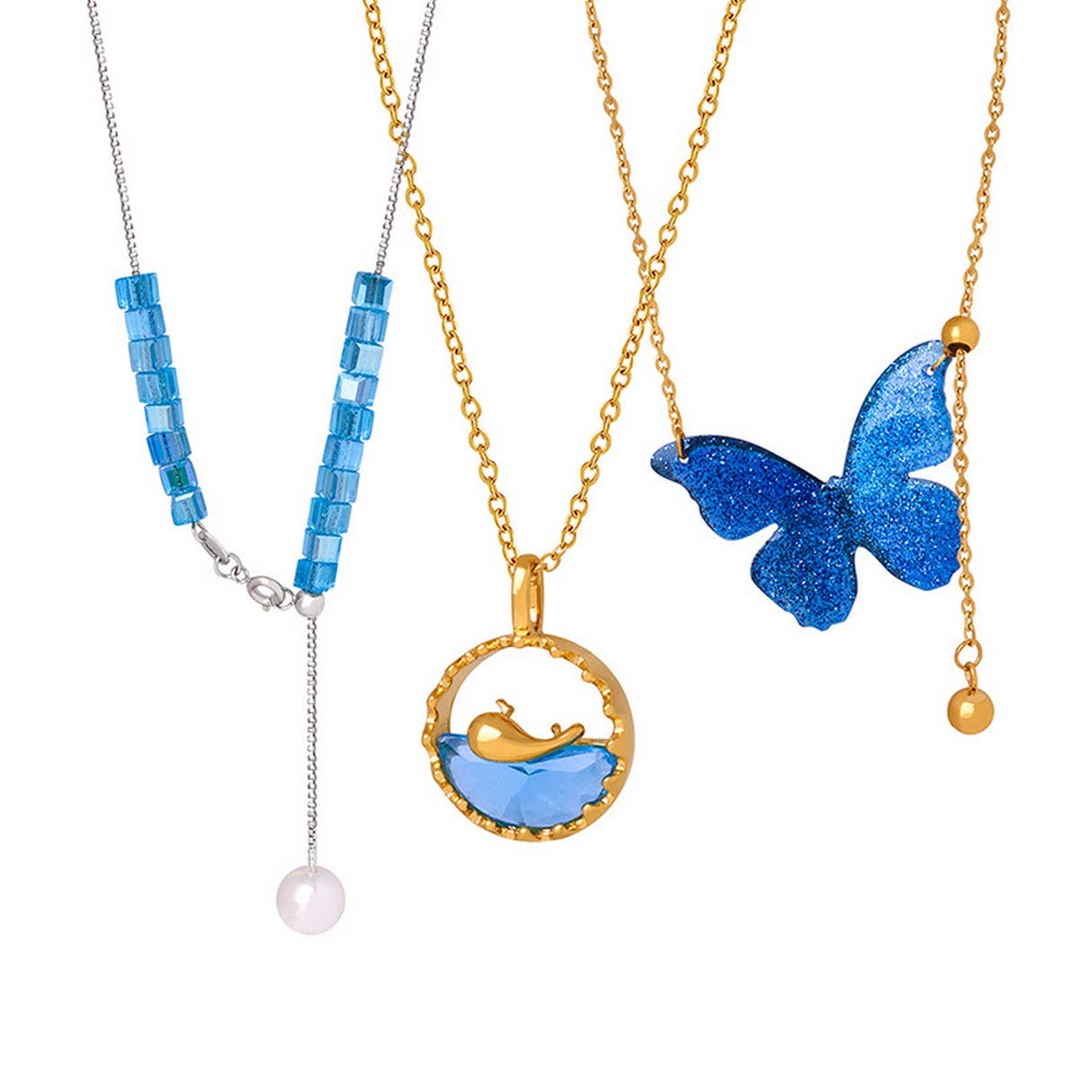 BLUE BUTTERFLY TITANIUM STEEL NECKLACE EARRINGS_CWAJE1085