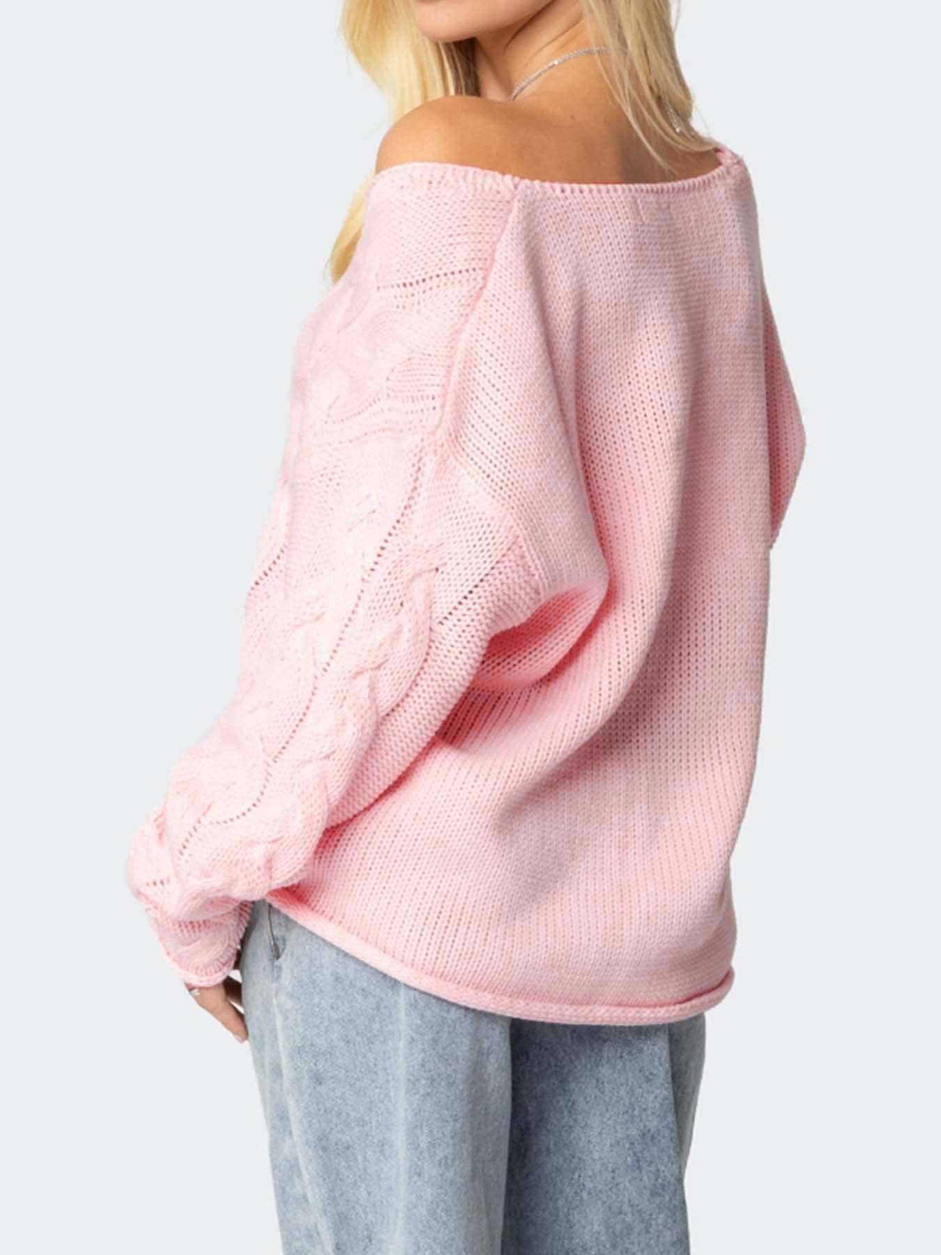 Solid-Color Laid-Back V-Neck Twisted Knit Sweater