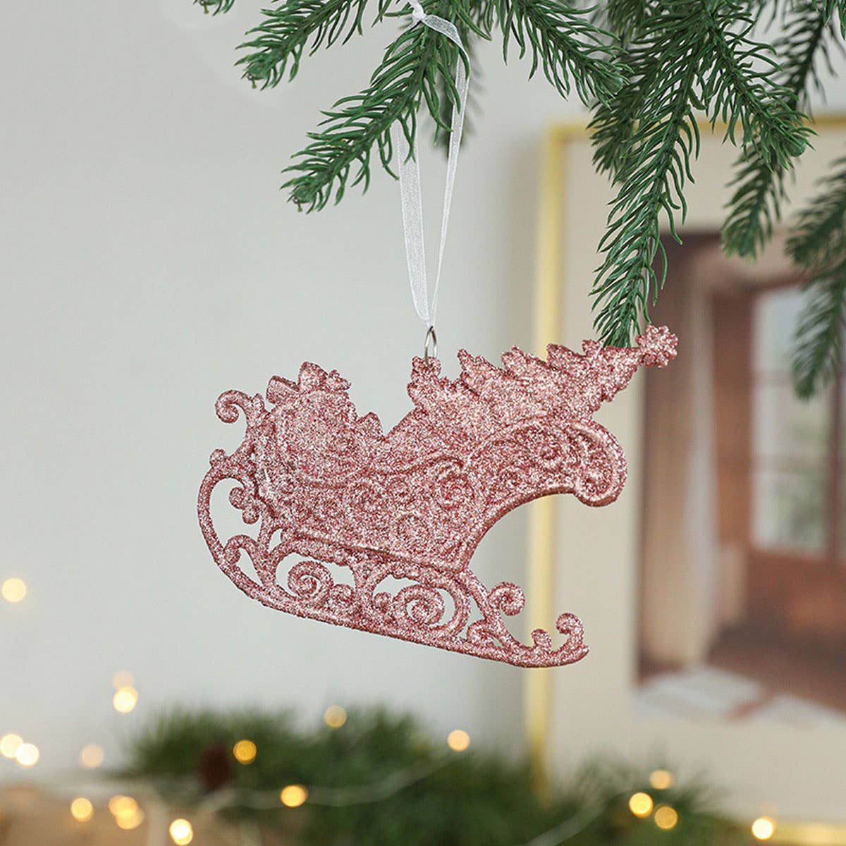 PINK GOLD GLITTER PLASTIC CHRISTMAS TREE ORNAMENT_CWMM9763