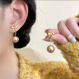 LIGHT LUXURY CHAMPAGNE COLOR PENDANT BOW EARRINGS_CWAJE3012