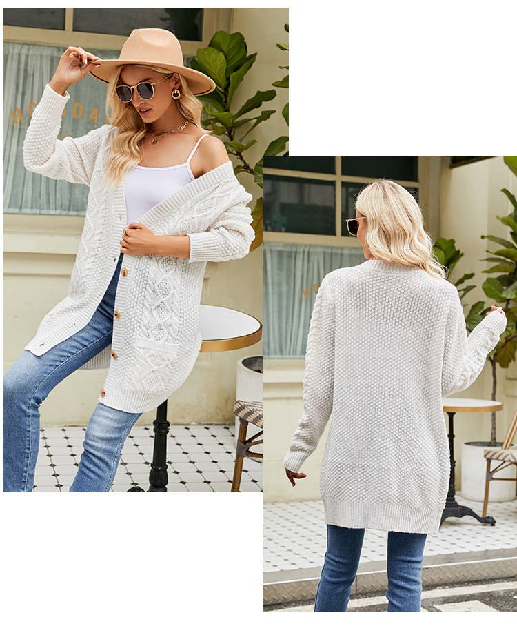 Twisted Floral Solid Color V-Neck Knit Cardigan