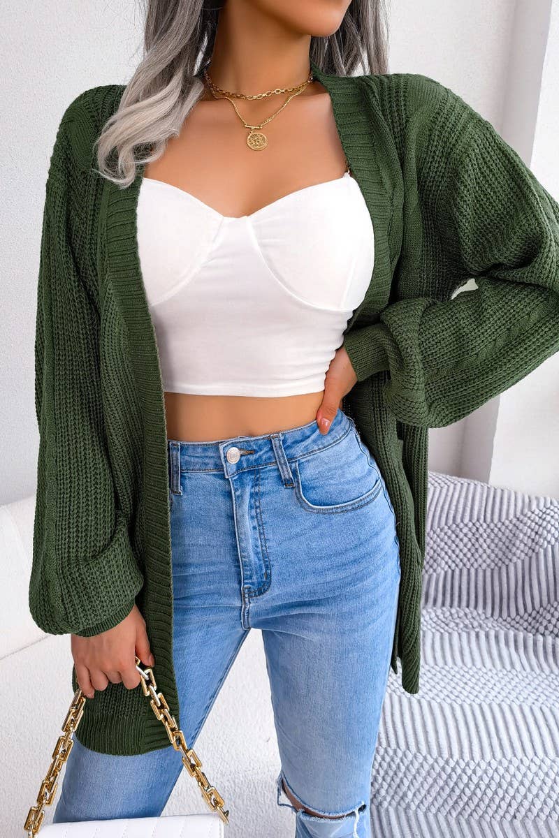 Women Chunky Cable Knit Open Front Midi Cardigan_Cwocal0310