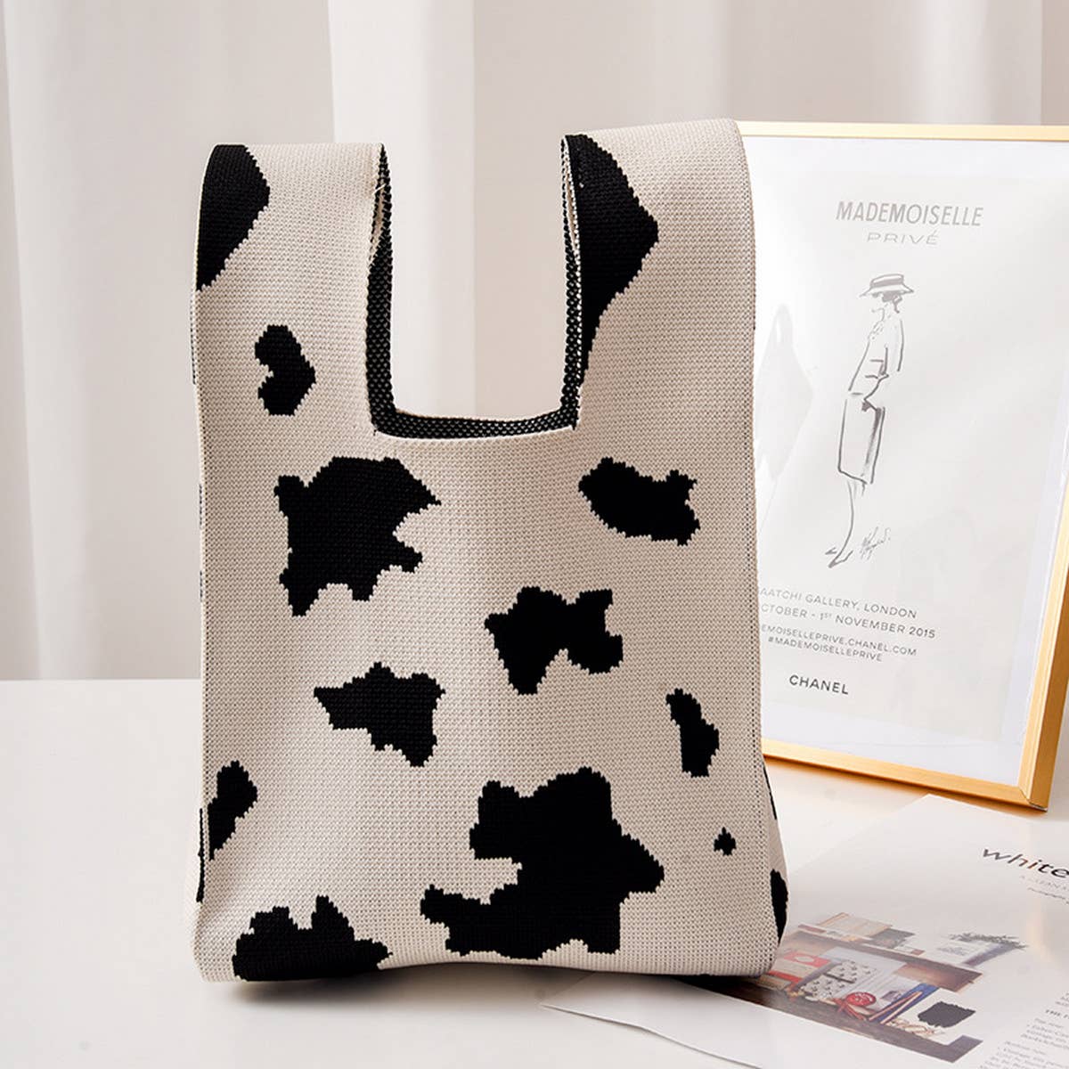 COW PATTERN CUTE KNOT WRISTLET KNITTED TOTE BAG_CWAB0880