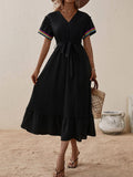 V-Neck Short Sleeve Lace-Up Mid-Length Dress
