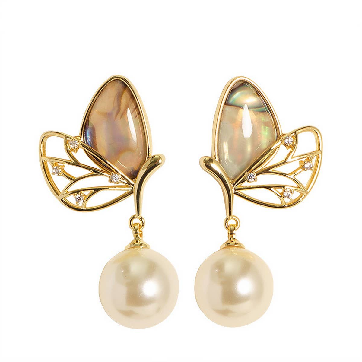 COLORFUL ABALONE DIAMOND BUTTERFLY PEARL EARRINGS_CWMM4299