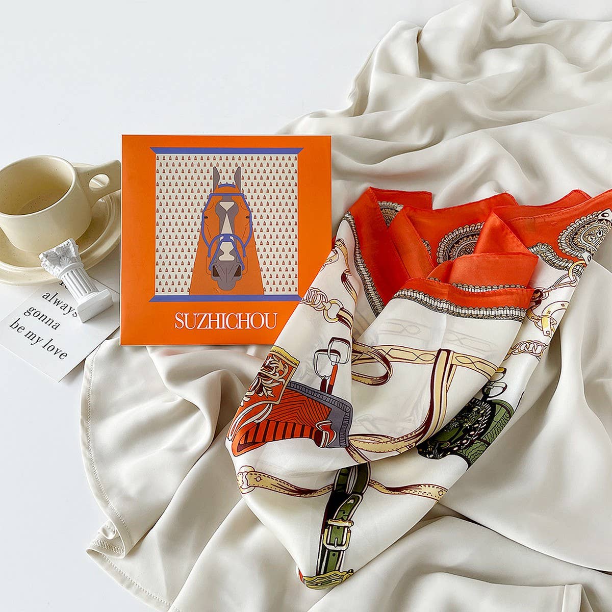 MINT MAMBO LOTUS PRINT SATIN SCARF GIFT FOR WOMEN_CWASC0813