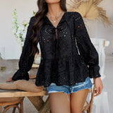 Solid Color Hollow Leisure Loose Lace-Up Shirts