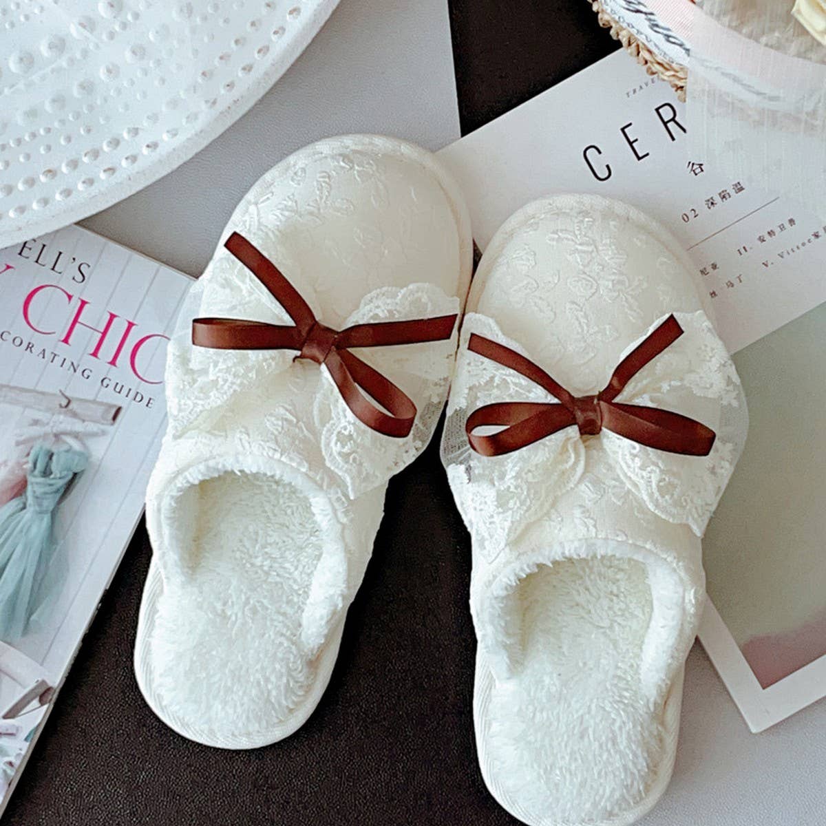 SWEET LACE BOWKNOT COTTON NON SLIP SLIPPERS_CWMM2950