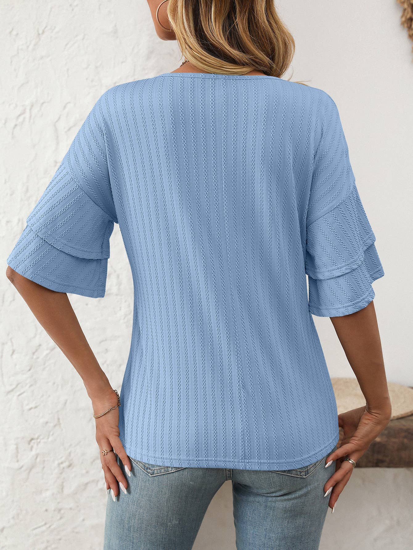 Solid Color V-Neck T-Shirt With Lotus Sleeves