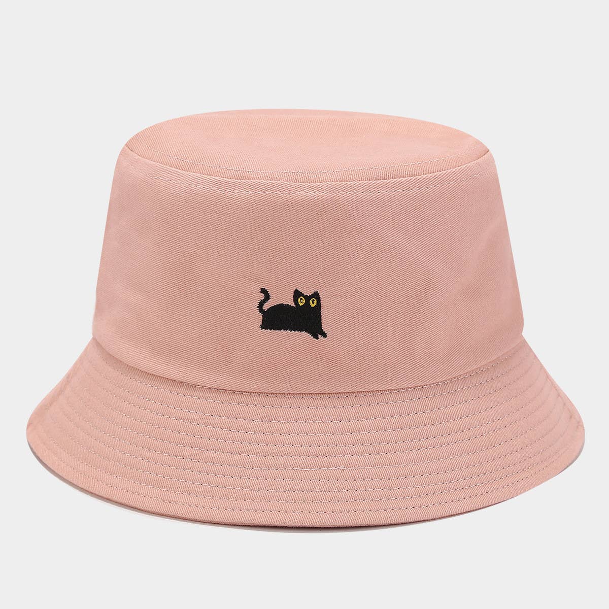 MACAROON COLORED BLACK CAT EMBROIDERED BUCKET HAT_CWAH1631
