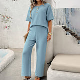 Solid Color Knit Short Sleeve Top And Pants Suit_Cwstb0513