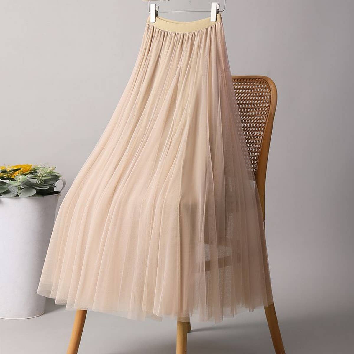 SOLID COLOR ELASTIC WAIST MESH TULLE A LINE SKIRT_CWBLS0372