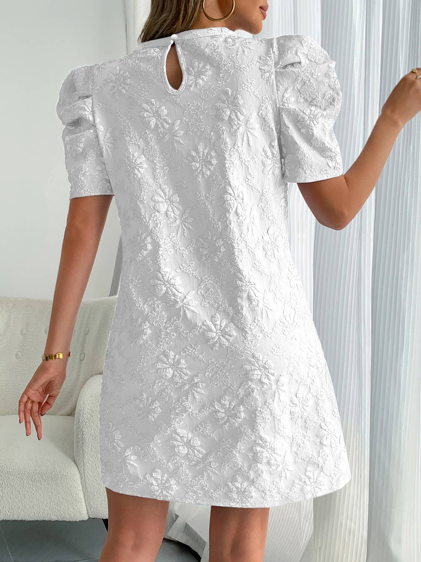 Textured Puff Sleeve Vintage Mini Dress