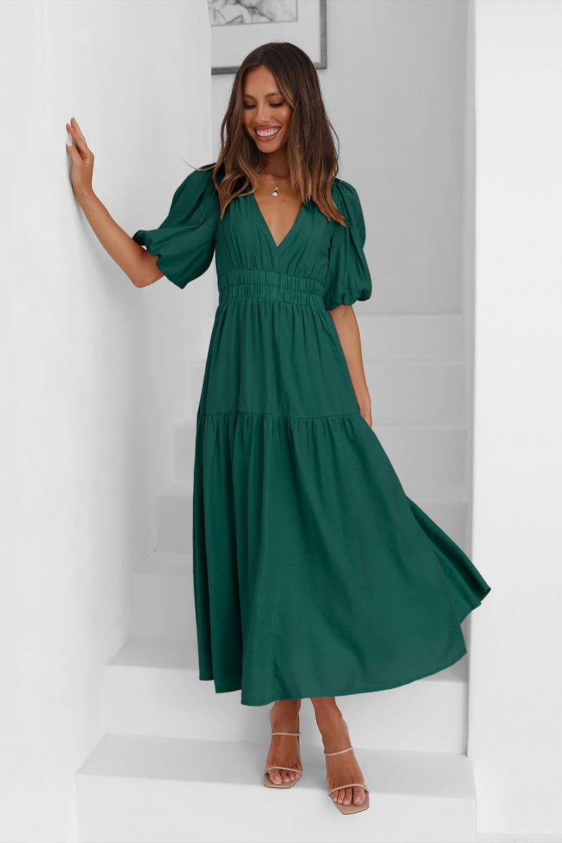 Solid Color Dark V Lantern  Sleeve Dress