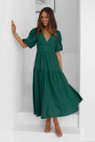 Solid Color Dark V Lantern  Sleeve Dress