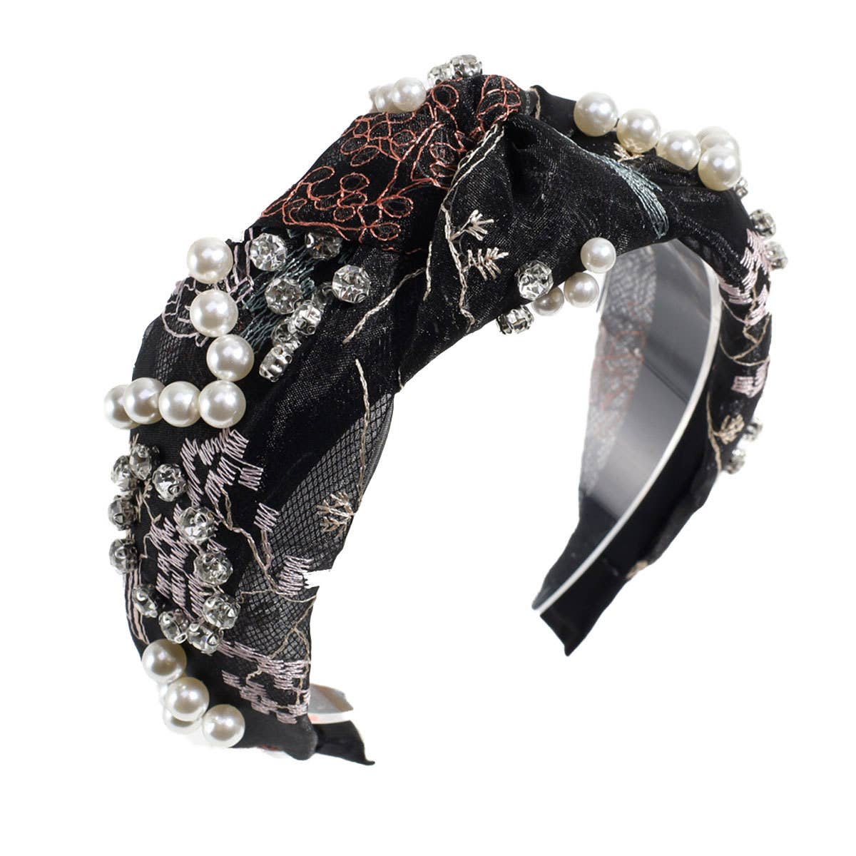 PEARL AND RHINESTONE EMBROIDERED KNOTTED HEADBAND_CWAHA2305