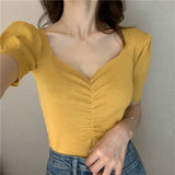 Vintage V-Neck Puffy Sleeve Knit Base T-Shirt