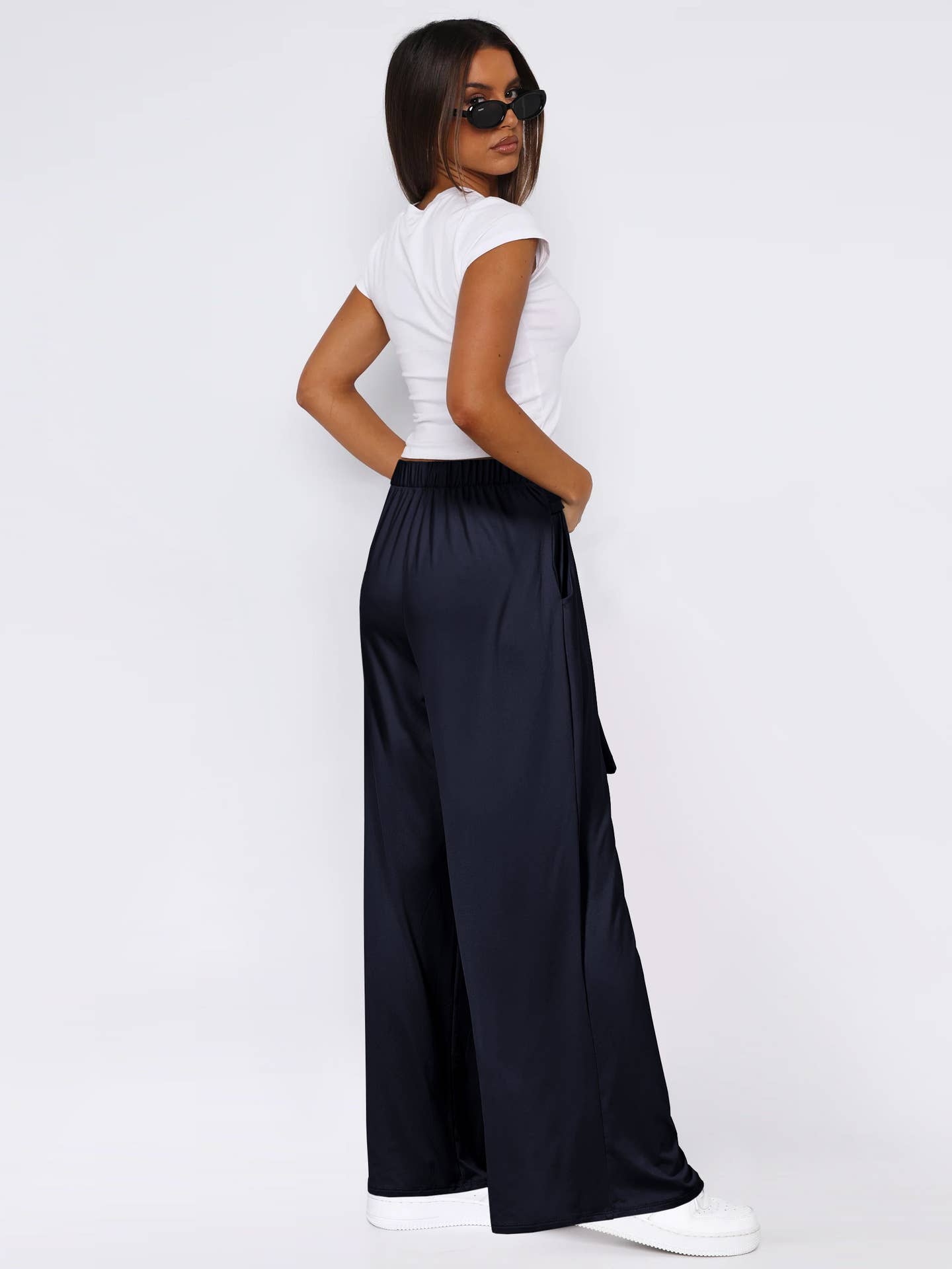 Solid Color Sag All-In-One Lace-Up Wide-Leg Pants