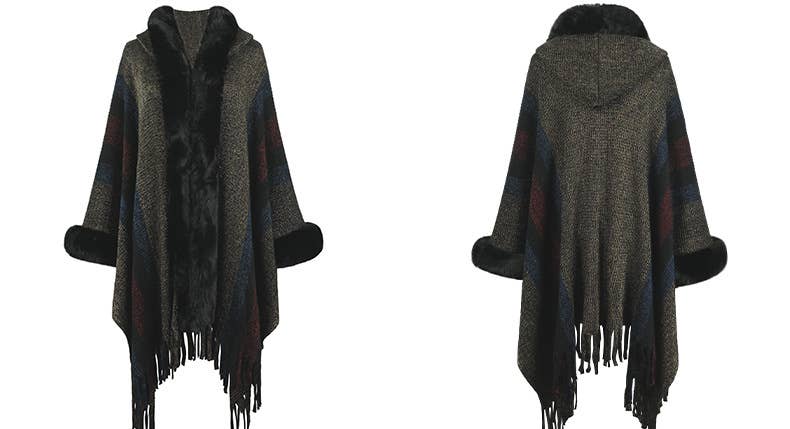Womens Hooded Cape Striped Knitted Fringe Shawl