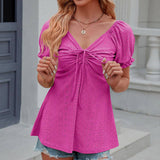 Solid Color Drawstring V-Neck Casual T-Shirt