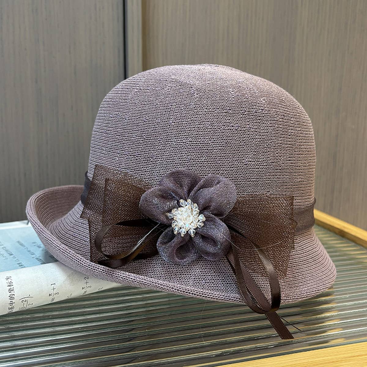 KNITTED SUNSHADE MESH FLOWER BOW BUCKET HAT_CWAH1212