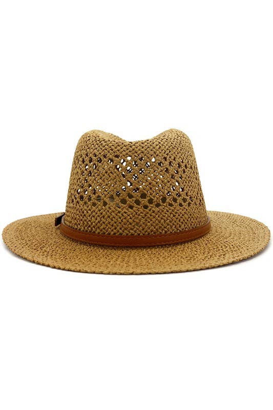 BROWN BELT VENTED WEAVE STRAW HAT_CWAH081