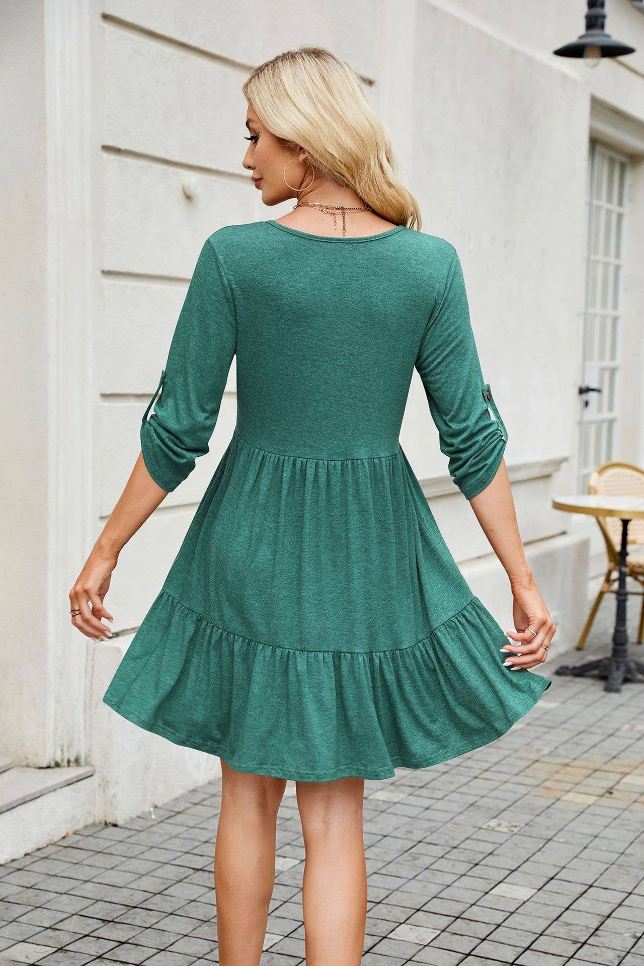 Solid Color Crew-Neck Button Mid-Length Dress