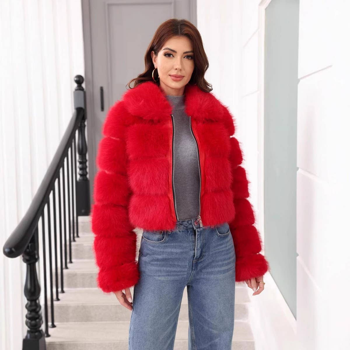 SOLID COLOR FAUX FUR JACKET WOMEN WINTER FALL_CWMM9114