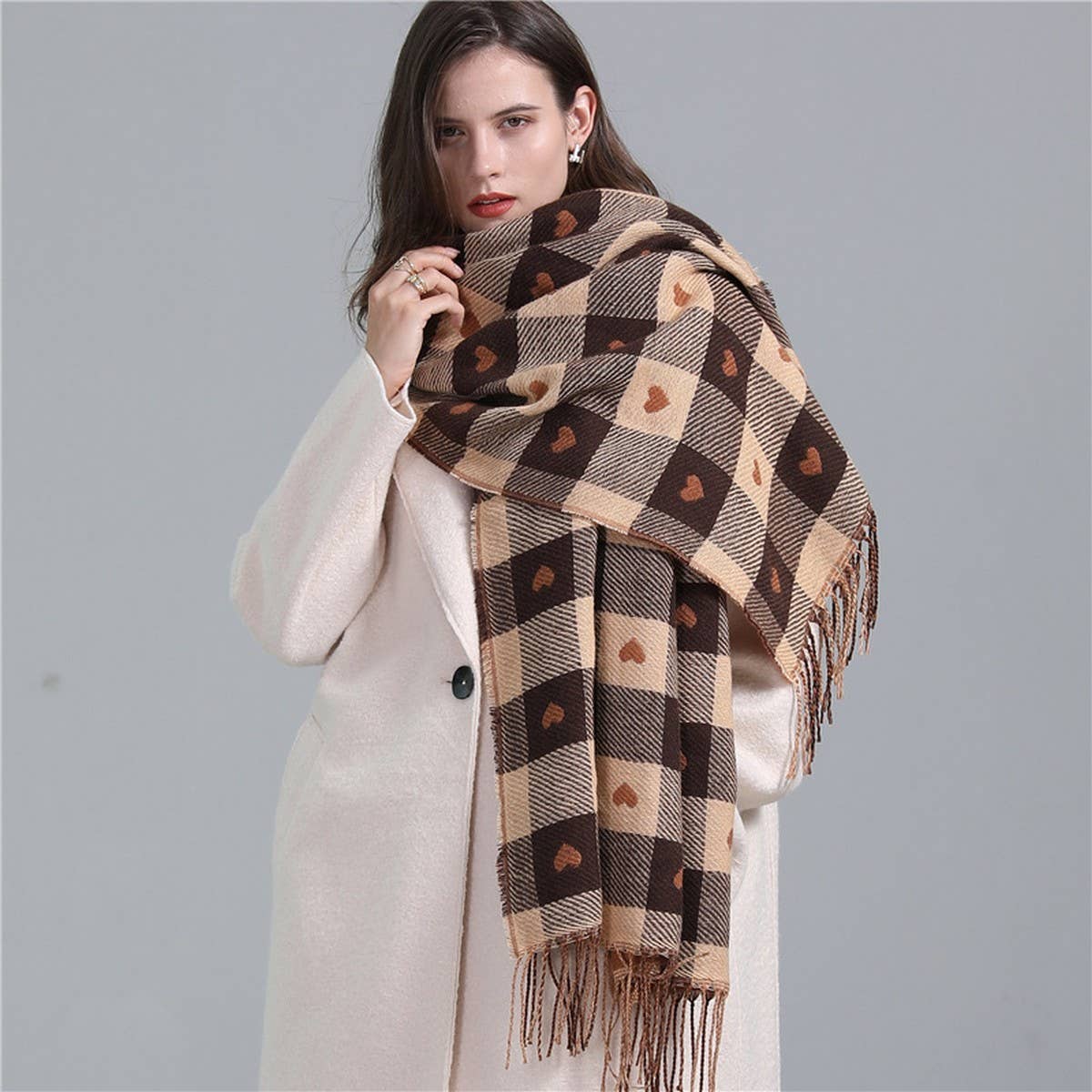 PLAID SCARF HEART COLORBLOCK TASSEL WINTER SHAWL_CWASC0980