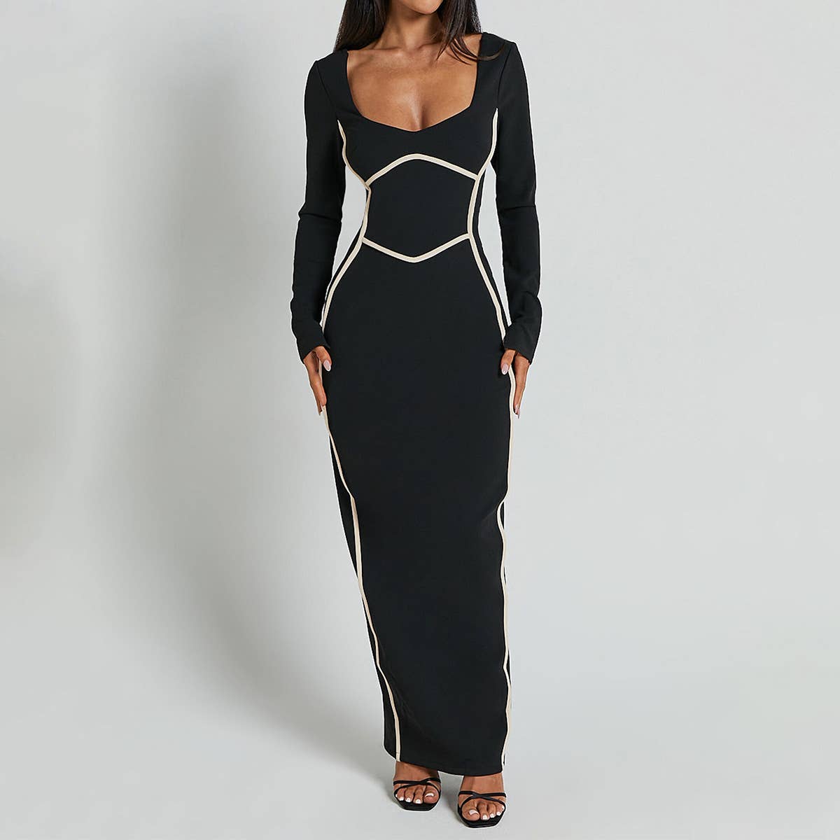 U-Collar Color Matching Receiving Waist Dress