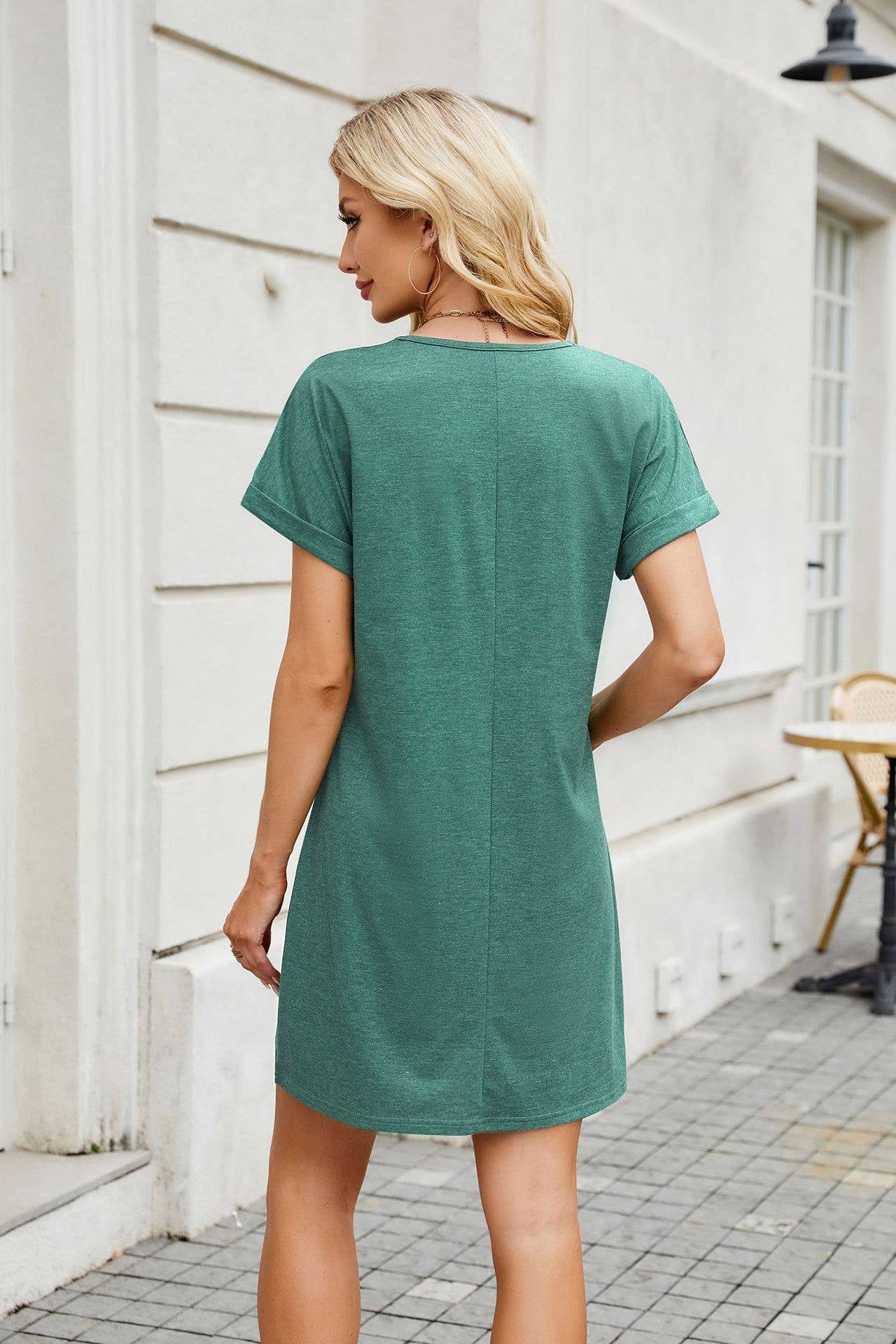 Solid Color V-Neck Short-Sleeved Casual Dress