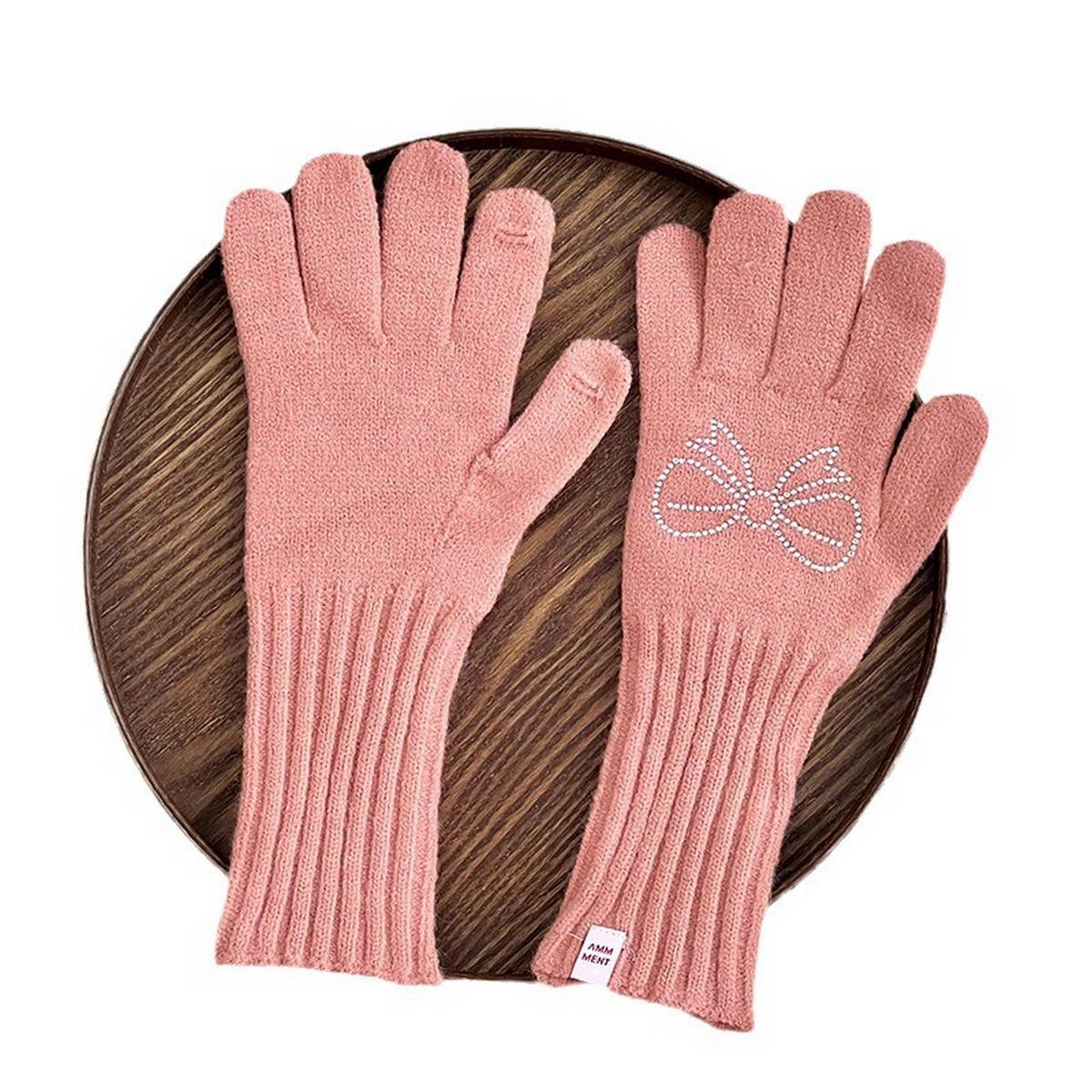 RHINESTONE BOW TOUCH SCREEN FIVE FINGER GLOVES_CWAG0141