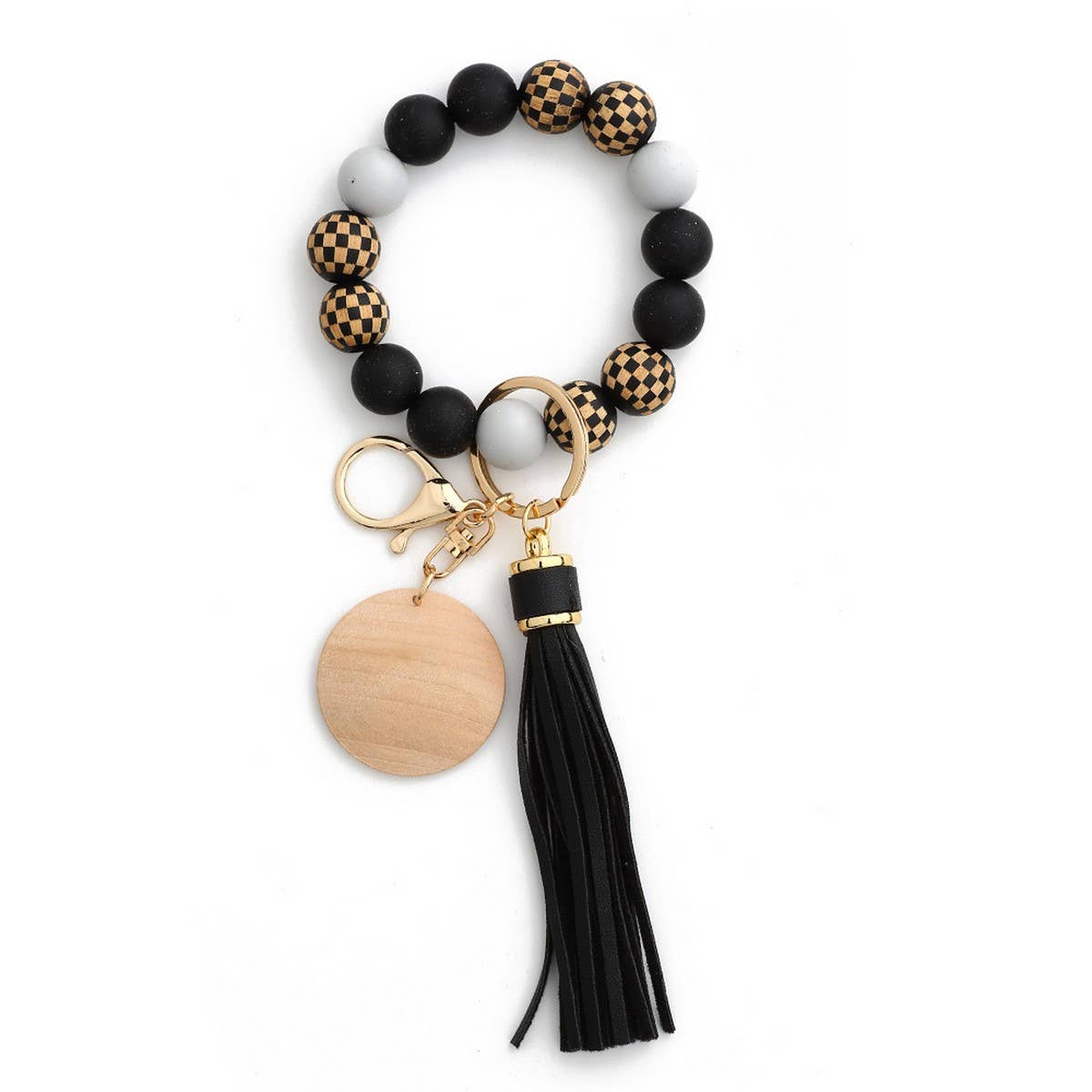 CHECKERBOARD WOOD BEAD BRACELET SILICONE KEYCHAIN_CWMM6877