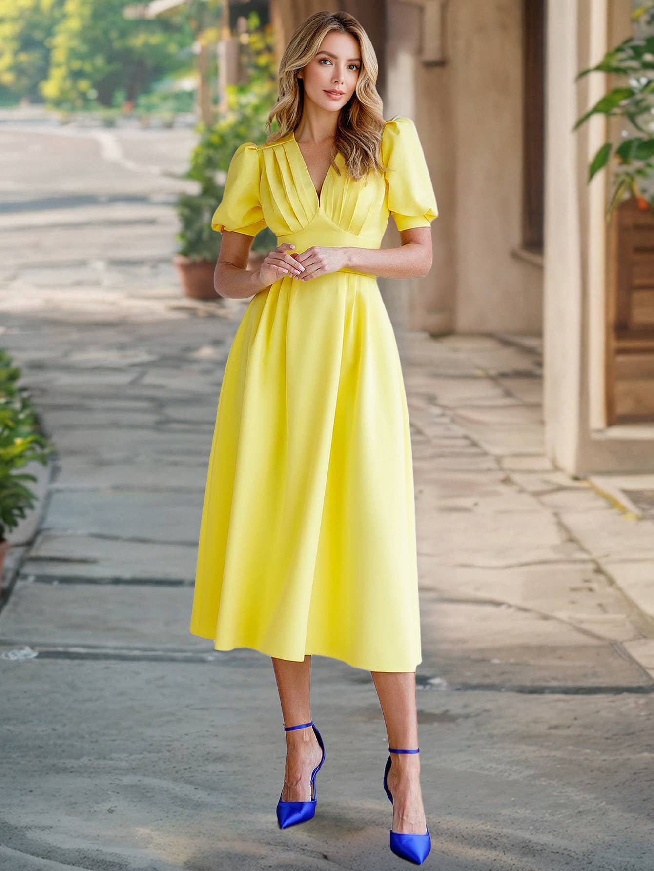 Solid-Color V-Neck Lantern Sleeve Fitted Dress