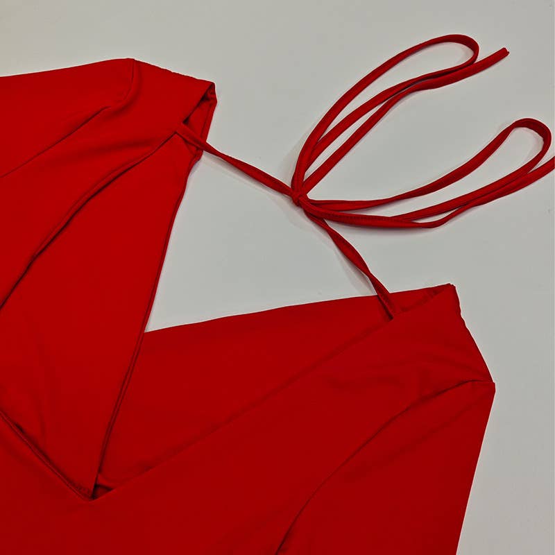 Solid Color Deep V Drawstring Pleated Dress