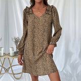 V-Neck Leopard Print Dress With Lotus Sleeves