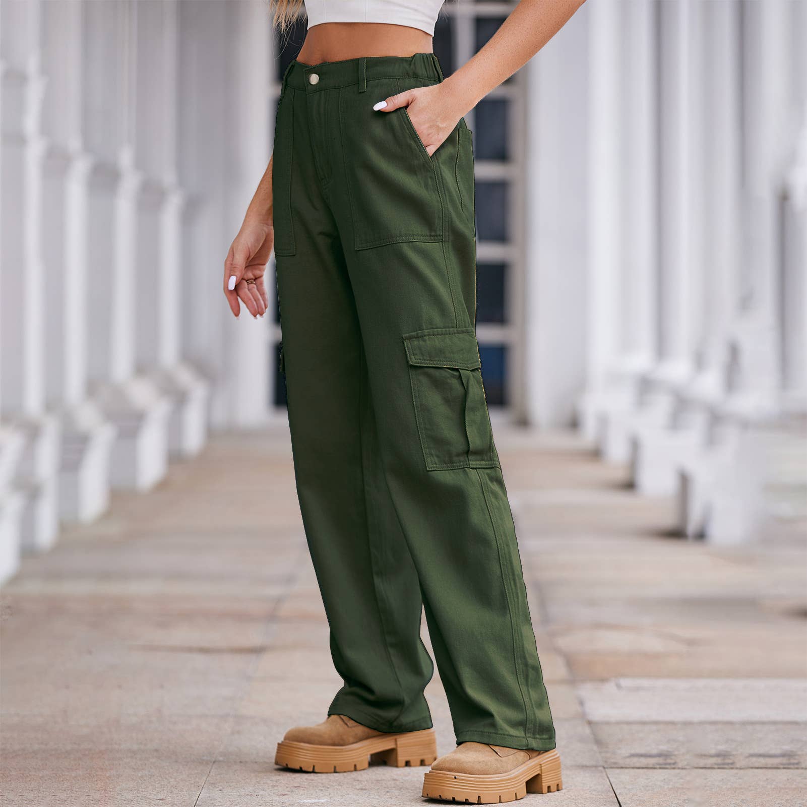 Washed Semi-Elastic-Waisted Denim Cargo Pants