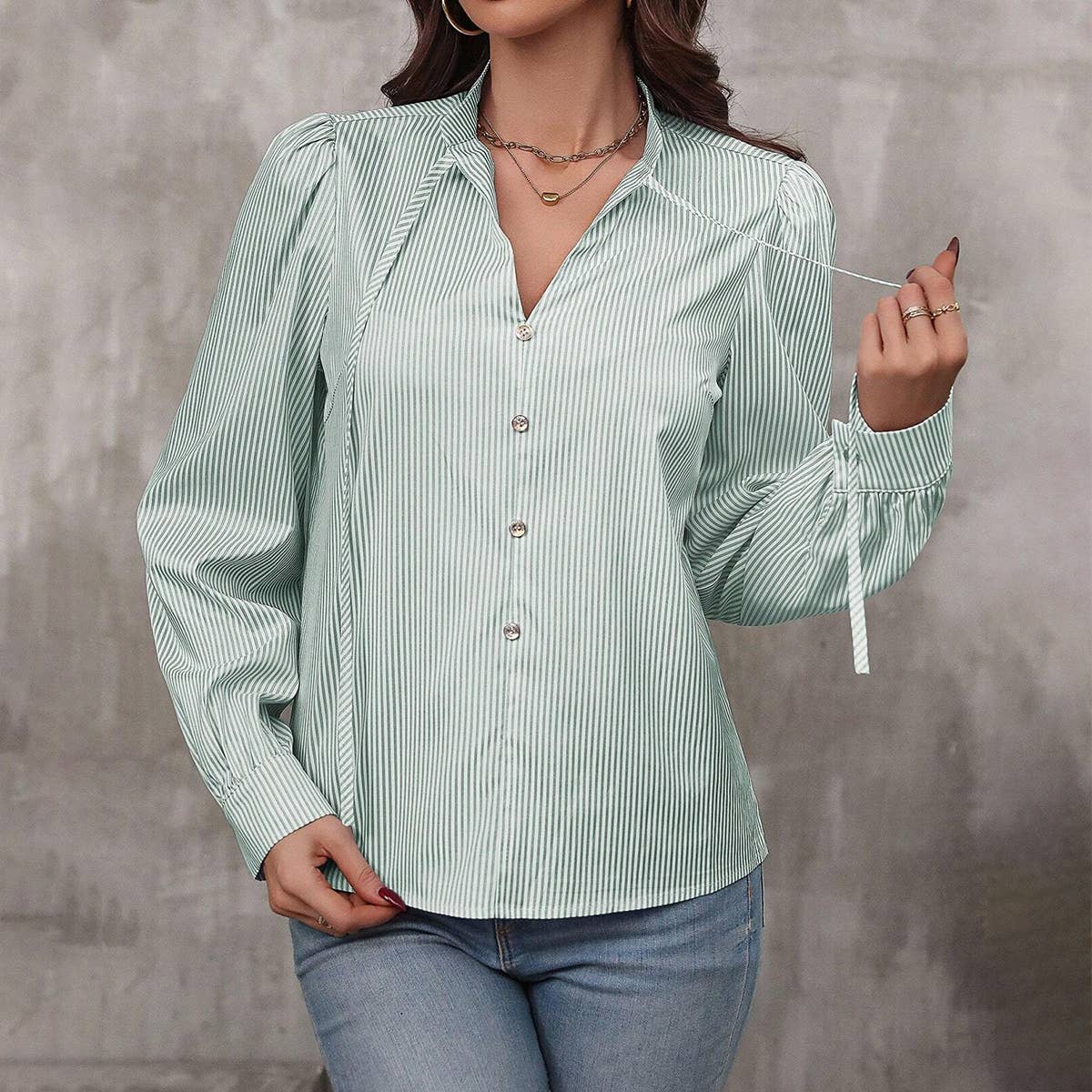 V-Neck Button-Up Striped Long-Sleeved Shirt