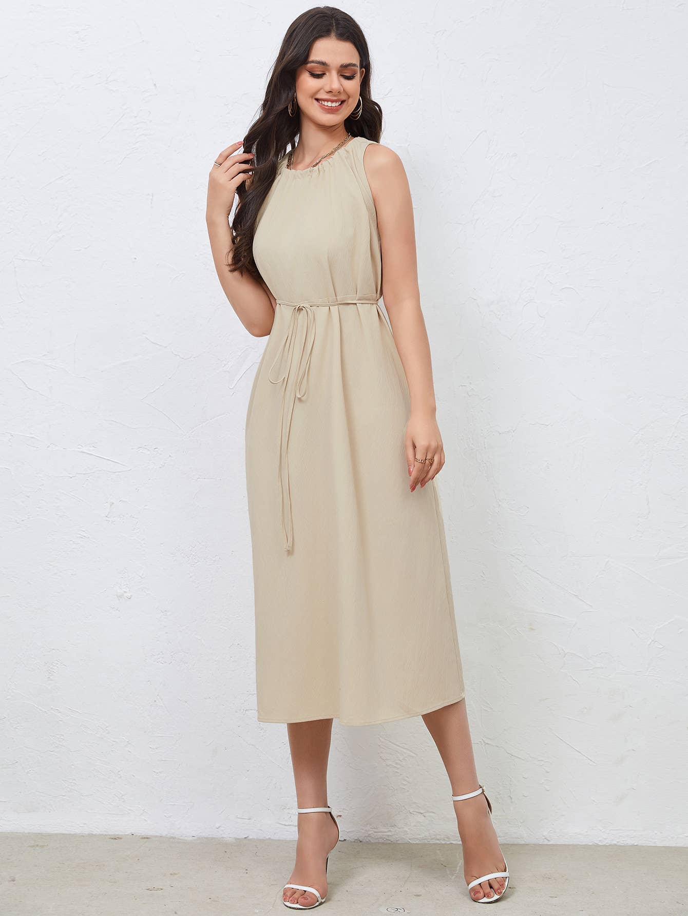 Stylish Waist Tie And Pleated Back Dress