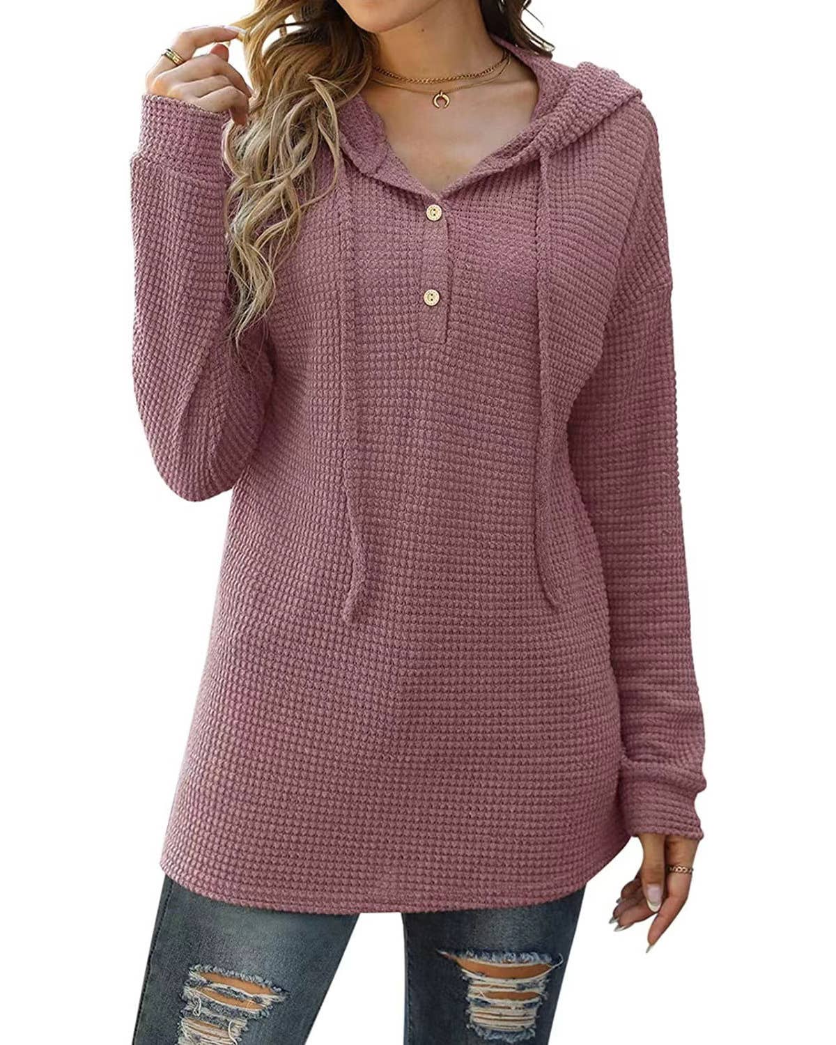 Waffle Solid Color Baggy Hooded Button Knit