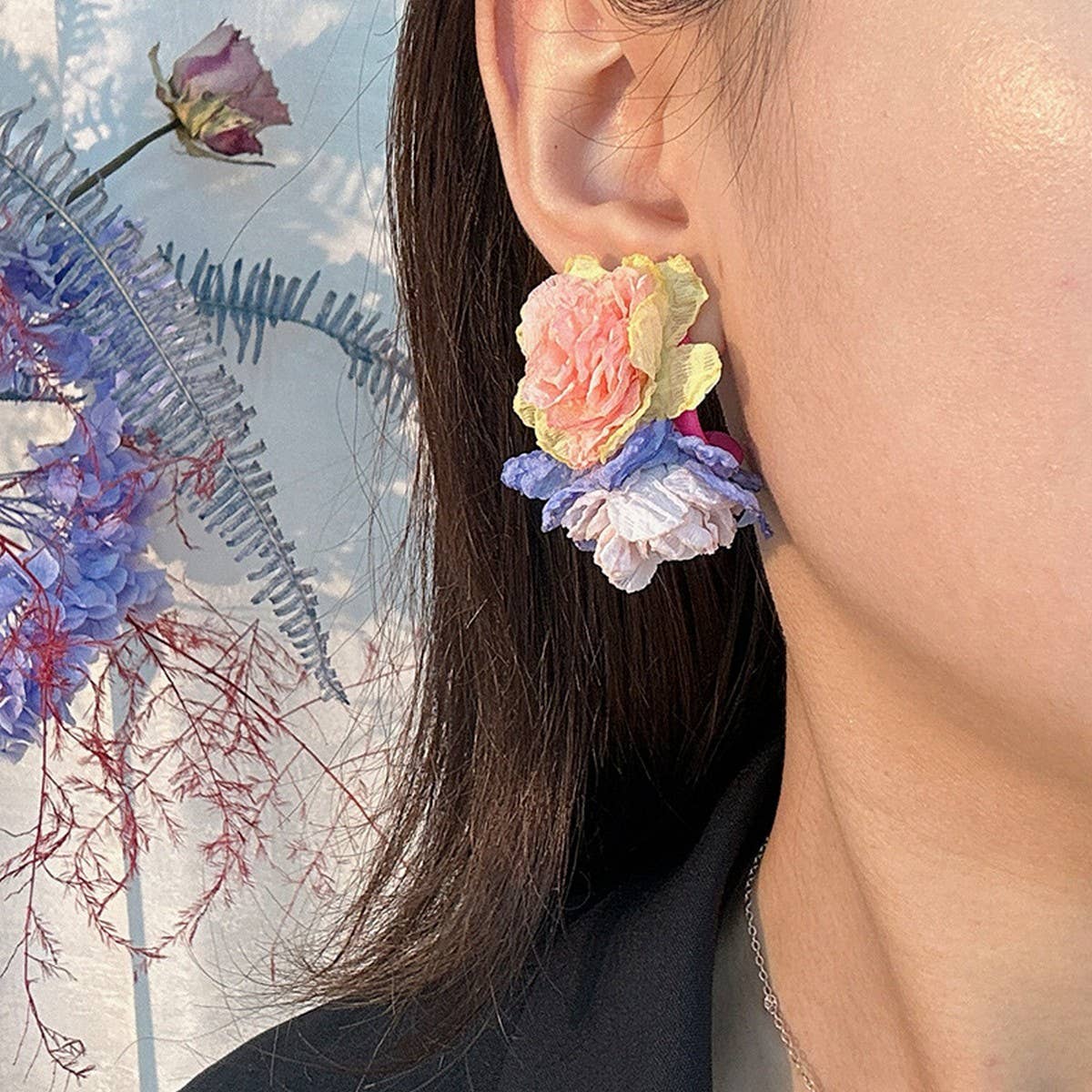 FABRIC FLOWER C SHAPED STUD EARRINGS FRESH STYLE_CWMM6183