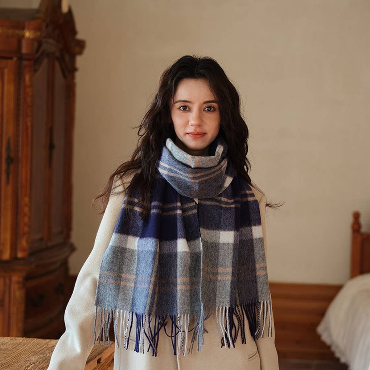 100% WOOL PLAID SCARF SOFT REVERSIBLE WRAP_CWASC2348