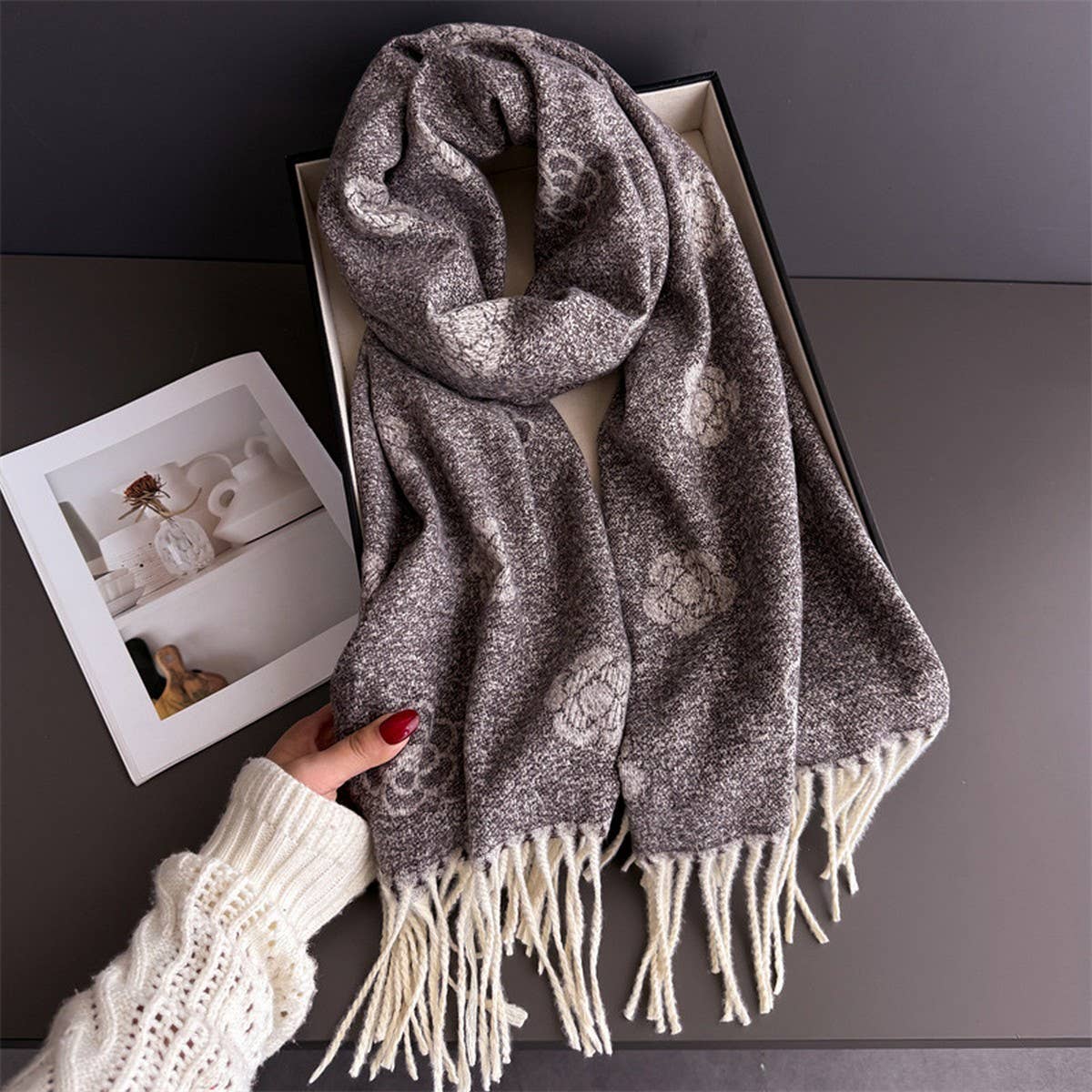 Elegant Camellia Cashmere Feel Tassel Scarf Wrap_Cwasc03244
